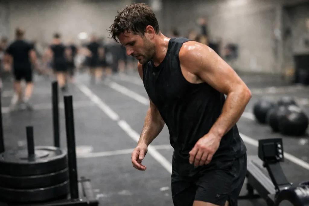 HYROX training station practice including rowing and wall balls