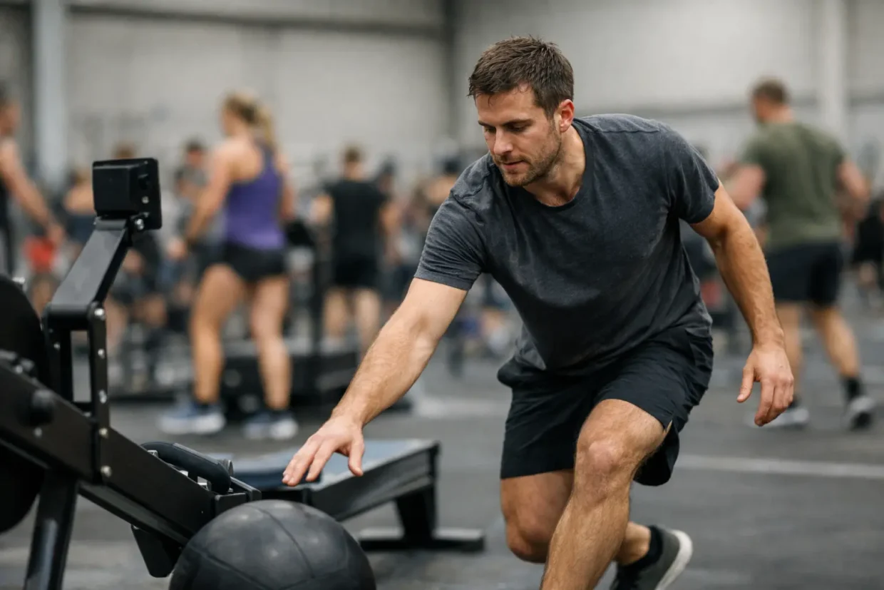 Athletes training for HYROX with running lanes and functional fitness equipment during a structured workout session