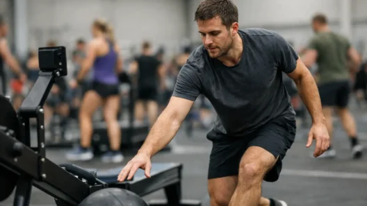 Athletes training for HYROX with running lanes and functional fitness equipment during a structured workout session