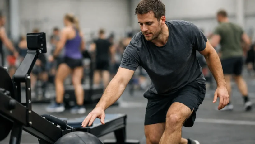 Athletes training for HYROX with running lanes and functional fitness equipment during a structured workout session