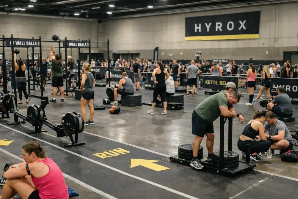 HYROX events guide showing an indoor HYROX race setup with workout stations and athletes.