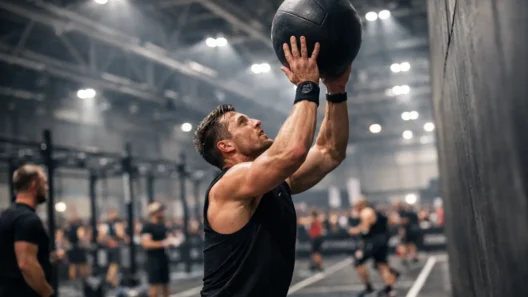 Athlete performing wall balls toward a high target on a vertical post in a functional fitness gym