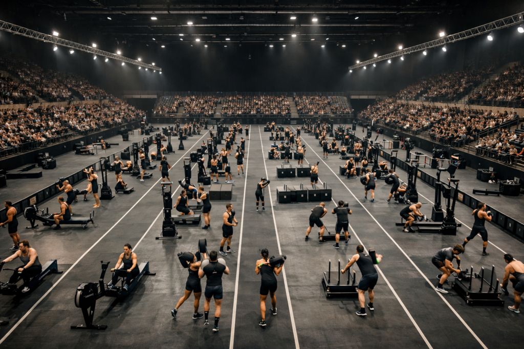 Hyrox events United Kingdom competition floor with running lanes and workout stations