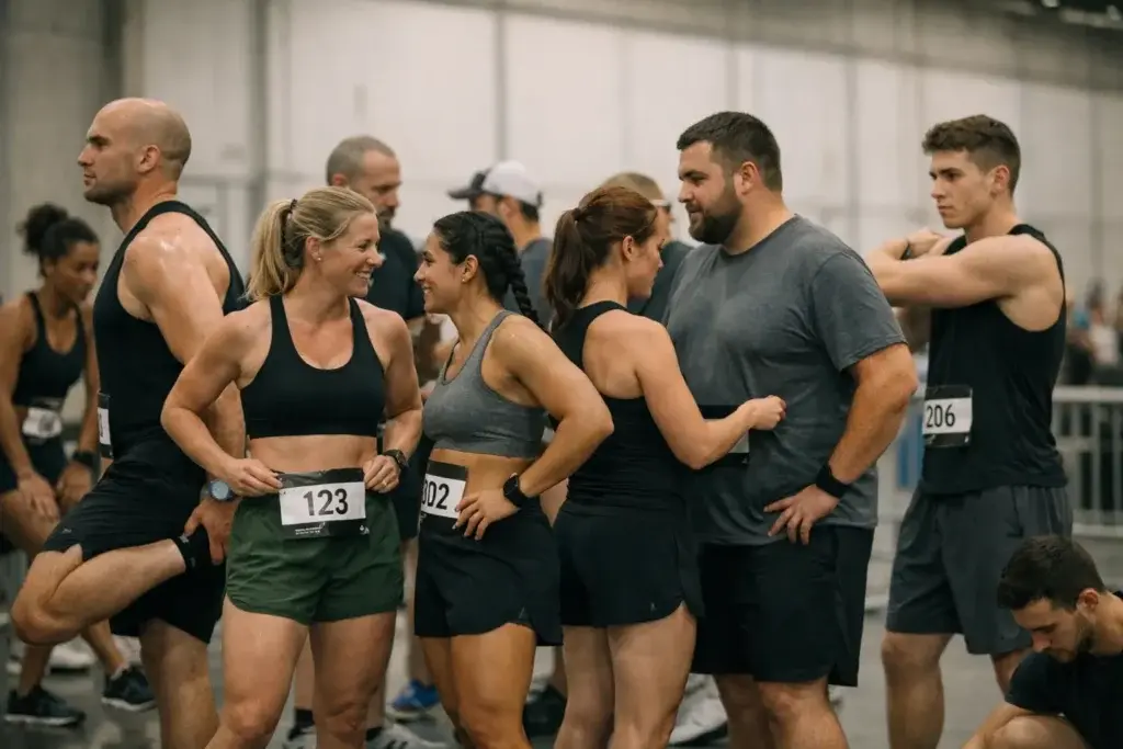 HYROX events guide illustrating HYROX divisions and athlete categories at an indoor race venue.