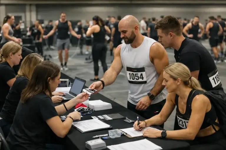 HYROX events guide race day: athletes checking in and preparing in an indoor venue before their start wave.