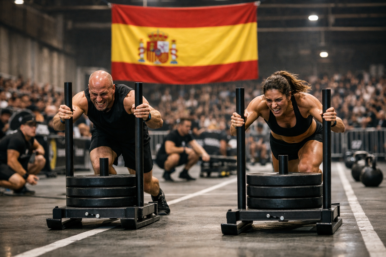 HYROX events Spain indoor fitness race with athletes competing under the Spanish flag