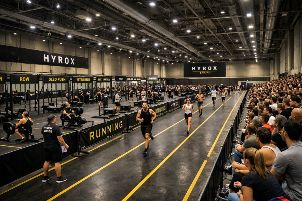 HYROX events Spain competition venue with indoor running lanes and workout zones
