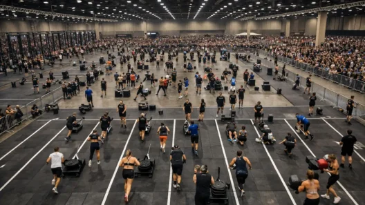 how often are HYROX events – large indoor fitness competition viewed from above with multiple race lanes active