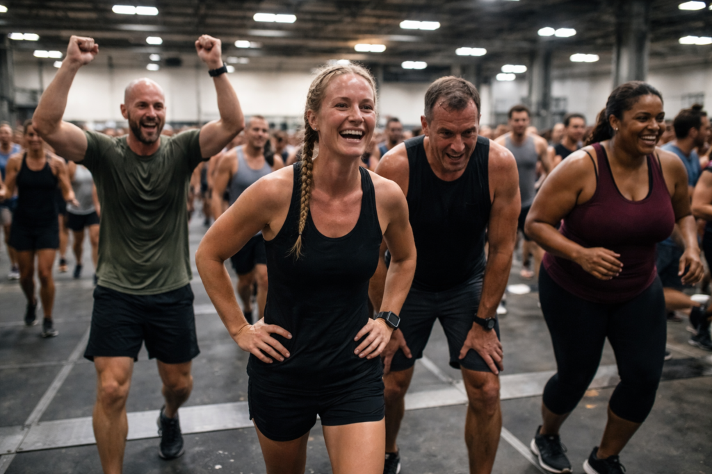 can beginners compete in HYROX – everyday athletes finishing an indoor race