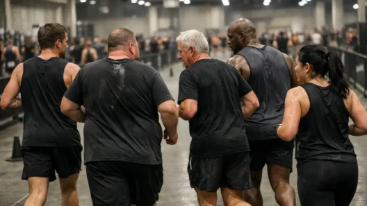 Wide view of a HYROX race showing athletes running steady 1 km segments inside a large indoor arena, illustrating sustained endurance over time