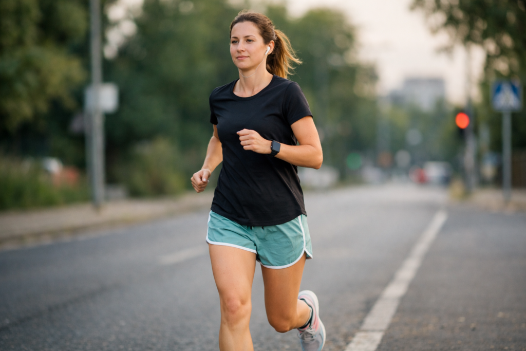 Athlete doing an easy aerobic run outdoors during a relaxed training session