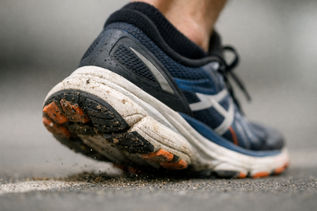 Close-up of running shoes under load during indoor fitness training