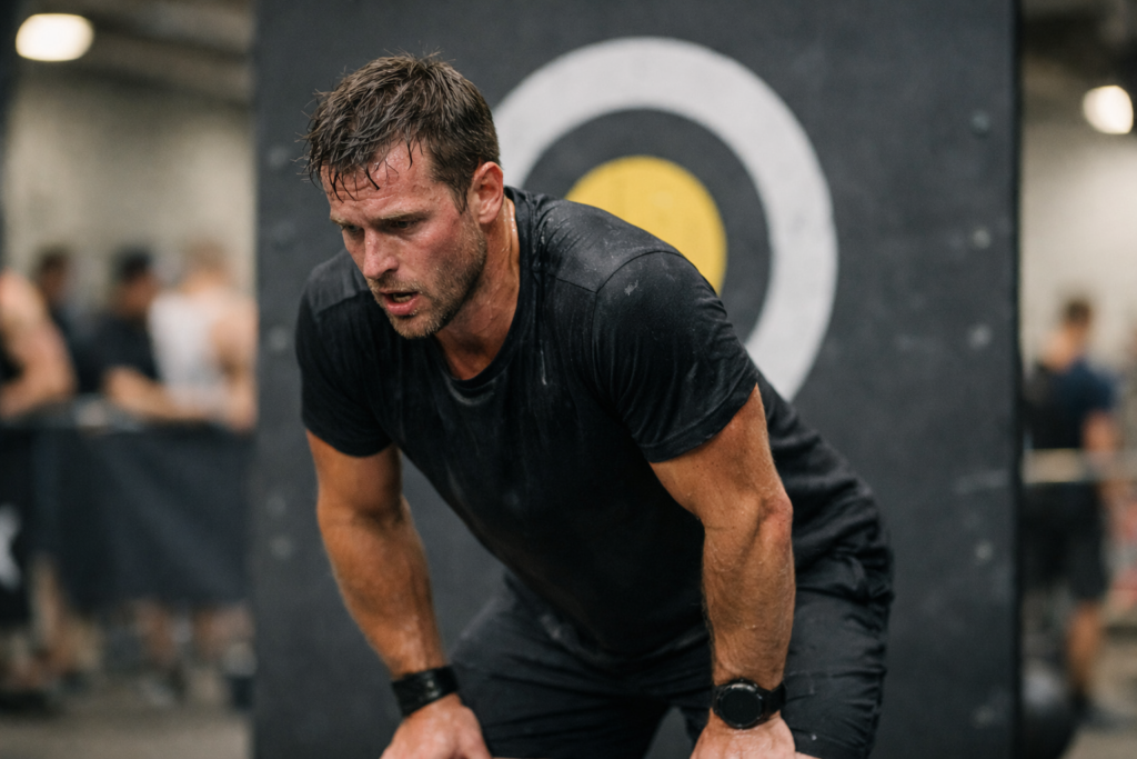 Athlete breathing heavily before starting wall balls during HYROX-style training