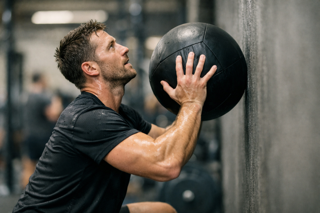 Athlete performing wall balls under fatigue in a functional fitness gym
