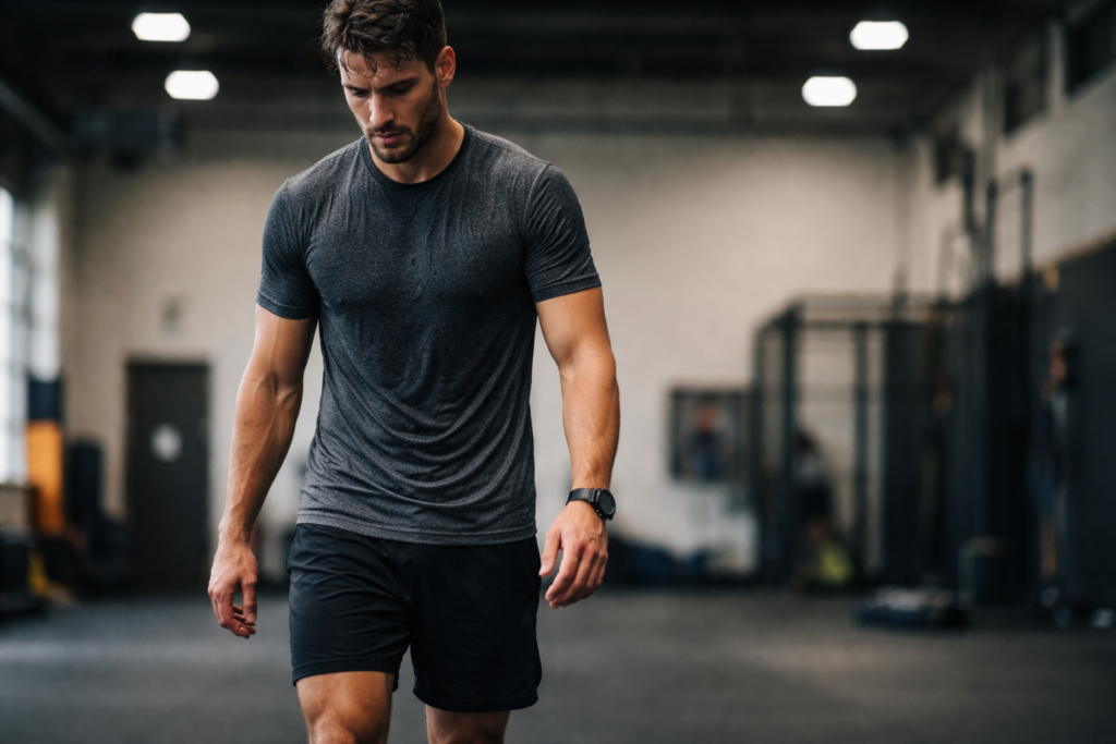 Athlete recovering after intense leg fatigue during HYROX training session