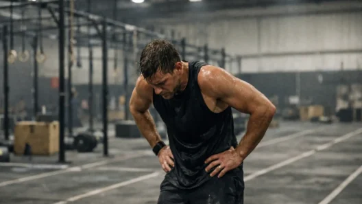 Athlete catching his breath during his first HYROX race inside an indoor arena
