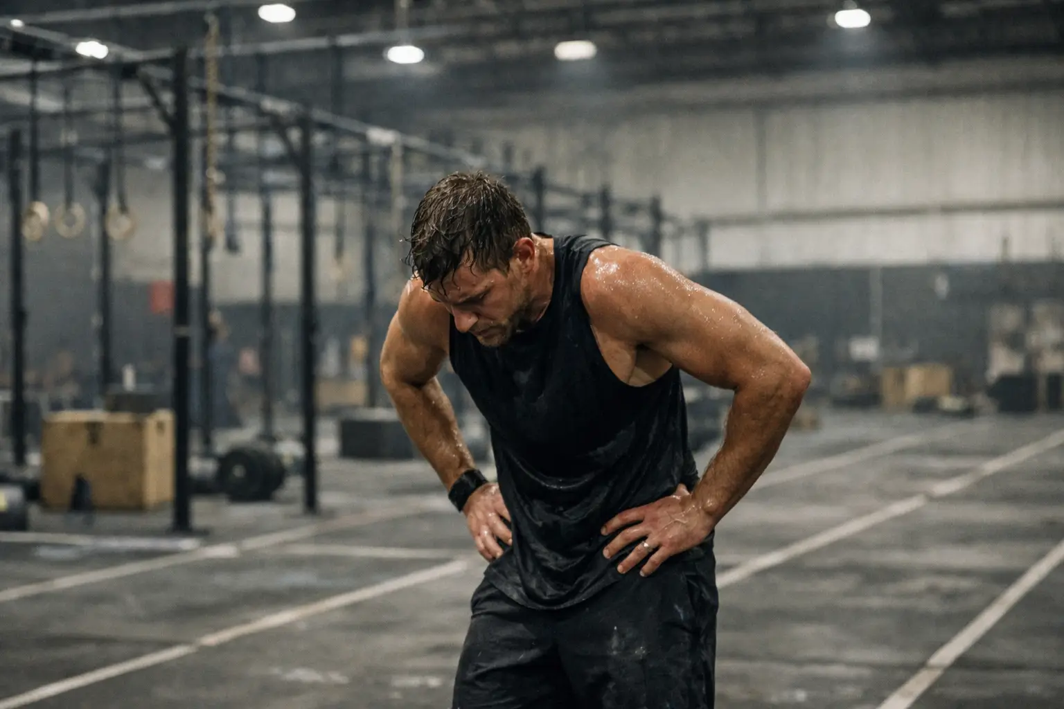 Athlete catching his breath during his first HYROX race inside an indoor arena