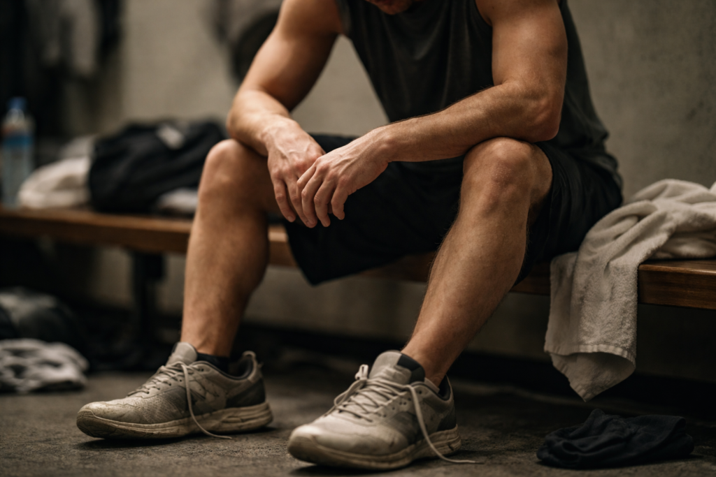 Athlete checking worn shoes before a HYROX race