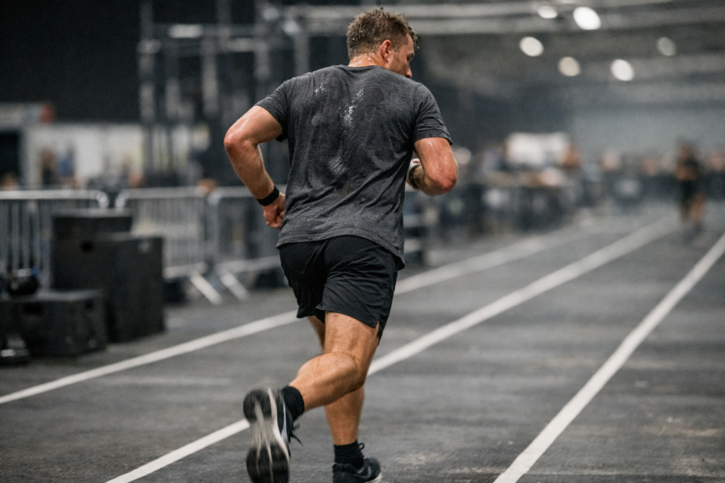 Athlete running indoors during HYROX preparation, managing fatigue
