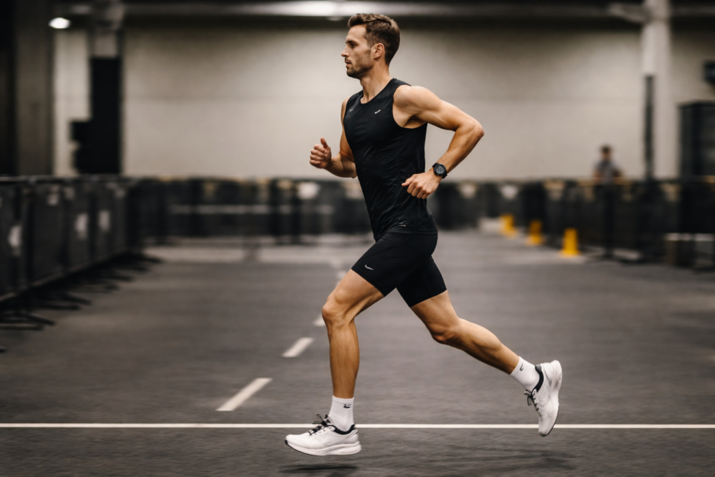 Athlete running confidently at the start of a first HYROX race