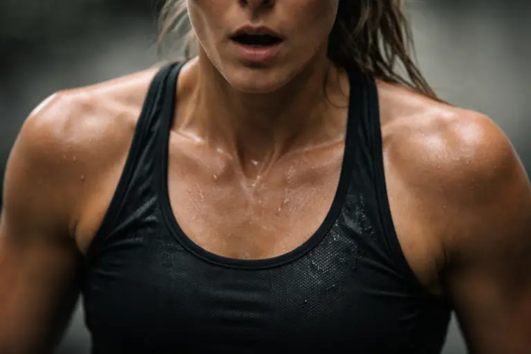 Female HYROX athlete struggling to control breathing during her first race