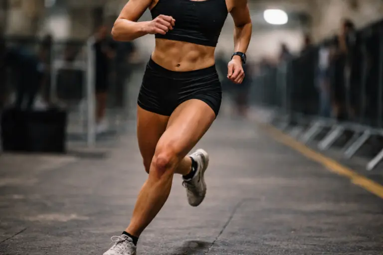 Female athlete running during a first HYROX race with imperfect stride