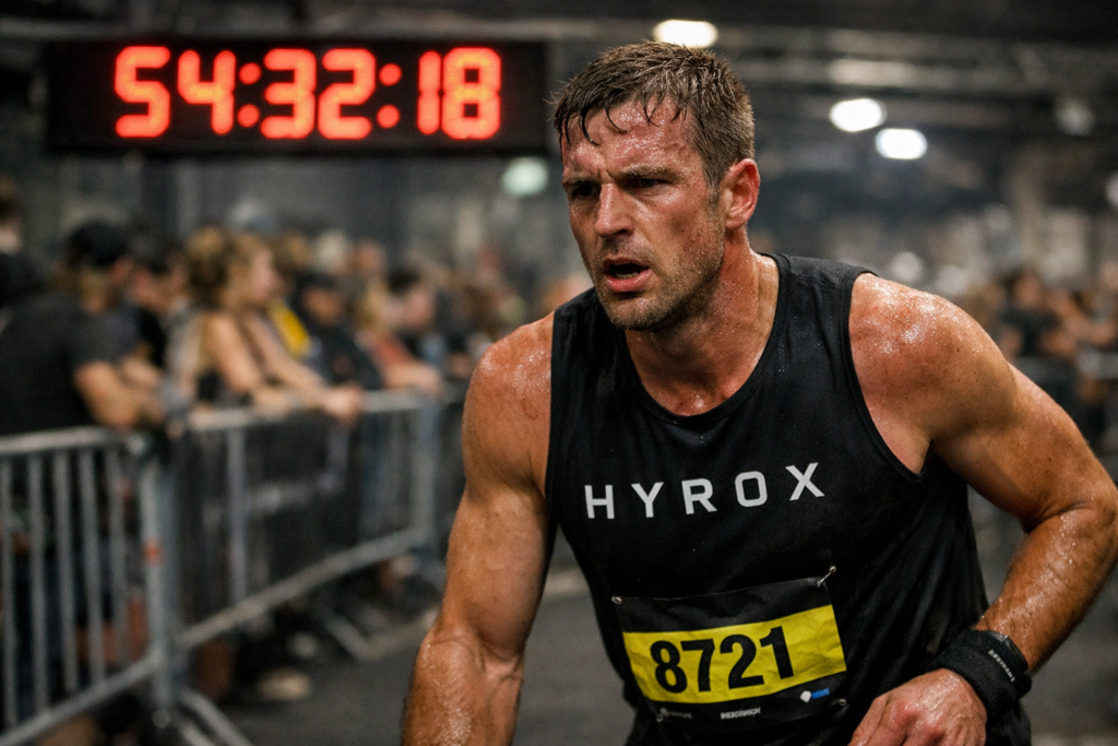 HYROX lose time as an athlete checks the race clock turning red during the competition