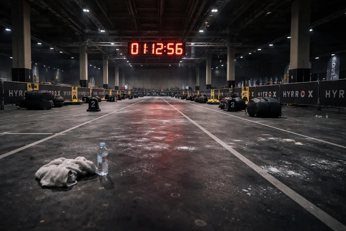 HYROX race clock showing lost time in an empty competition lane