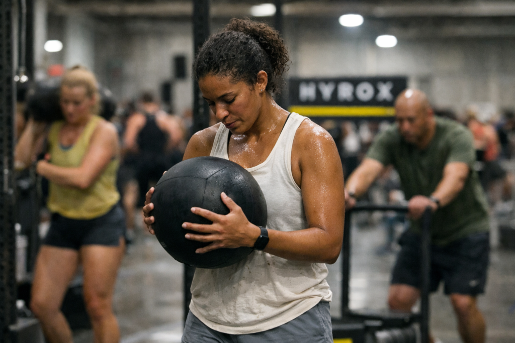 HYROX athlete wasting time inside a station by resting with equipment in hand