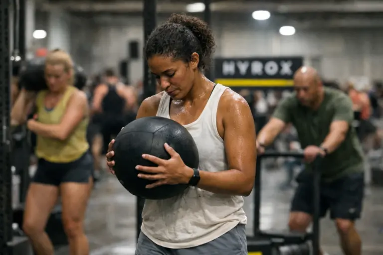HYROX athlete wasting time inside a station by resting with equipment in hand