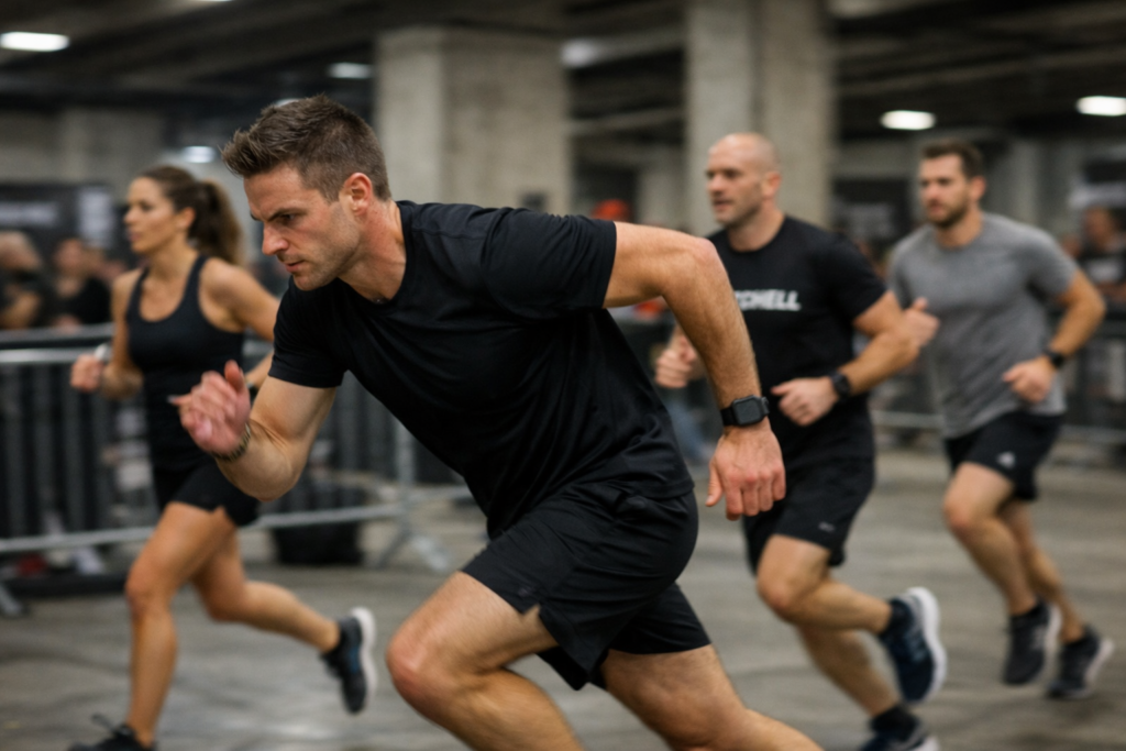 HYROX athletes running at different paces during an indoor race, illustrating common pacing mistakes in HYROX running