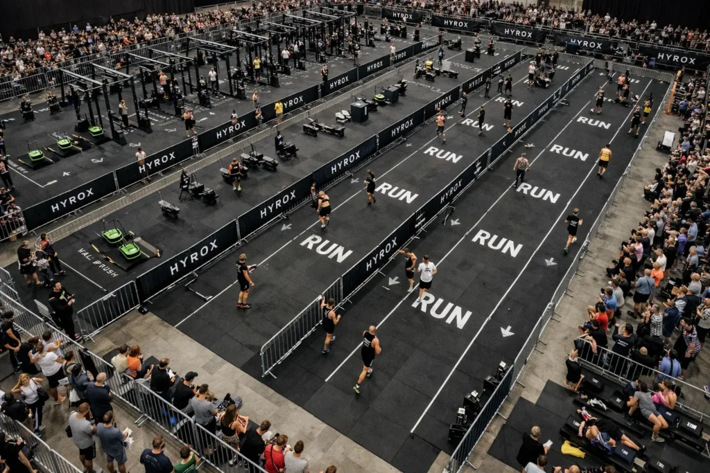 hyrox performance aerial view of hyrox race arena and running lanes