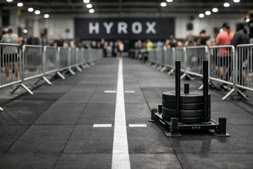 hyrox performance race lane with sled push equipment inside hyrox arena