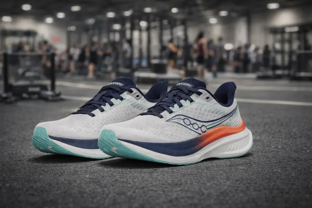 Lightweight hybrid running shoe used during HYROX race transitions