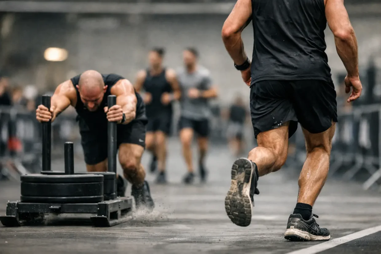 HYROX divisions explained with athletes competing in Open, Pro, Doubles and Relay race formats inside an indoor arena