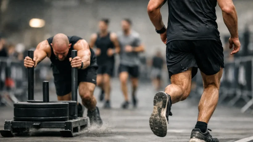 HYROX divisions explained with athletes competing in Open, Pro, Doubles and Relay race formats inside an indoor arena