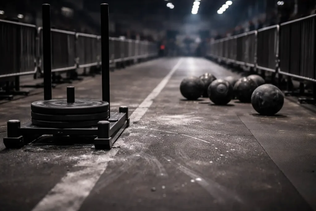 HYROX Open division athlete transitioning from a 1km run into a workout station under race fatigue