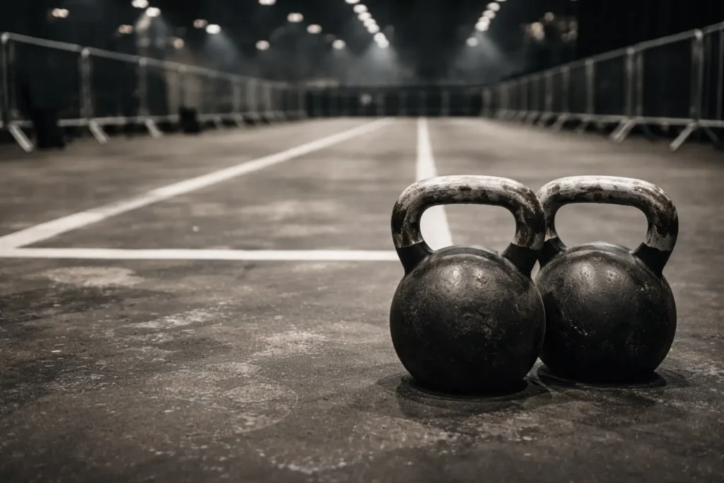 HYROX Pro division heavy carry station with kettlebells and marked carry lane