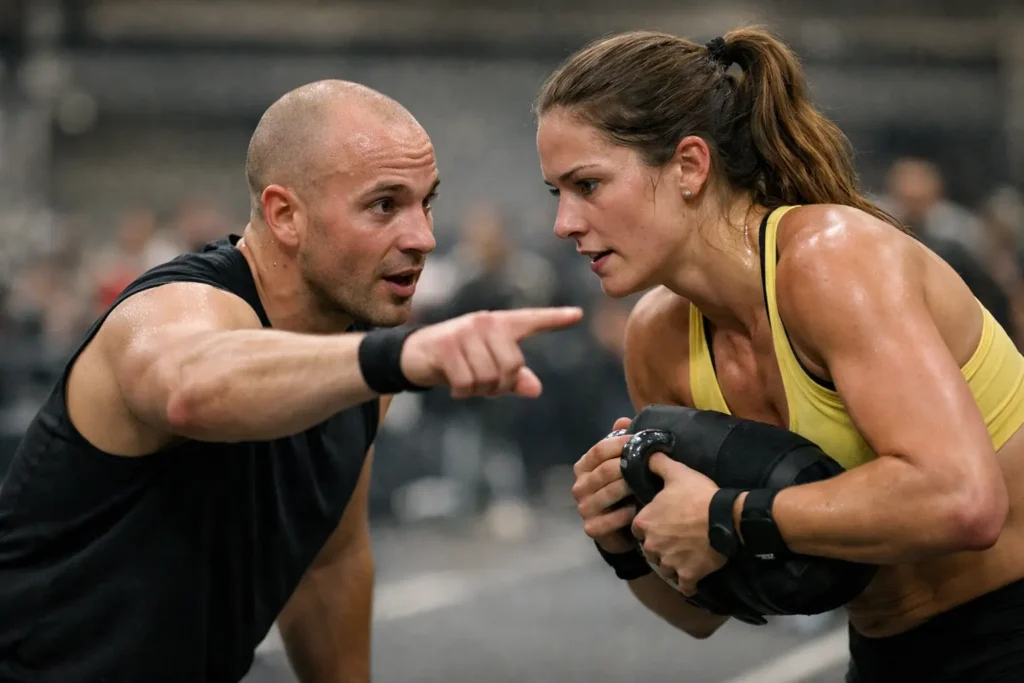 HYROX Doubles athletes coordinating during a transition zone and sharing the workout effort