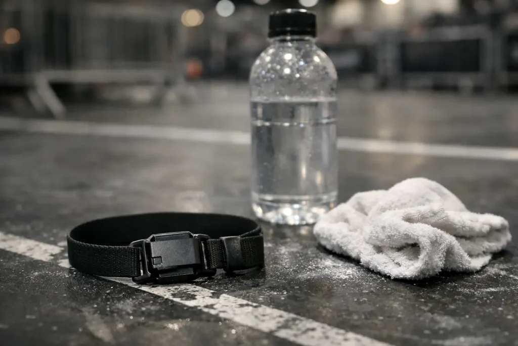 HYROX Relay division transition setup with timing chip and equipment between race segments