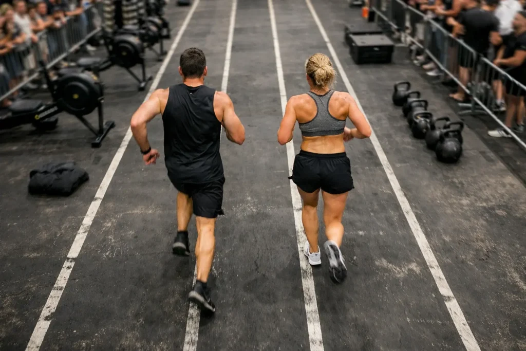 HYROX average time by age group men and women running side by side overhead view