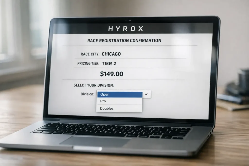 HYROX US registration fee confirmation screen showing division selection and pricing tiers