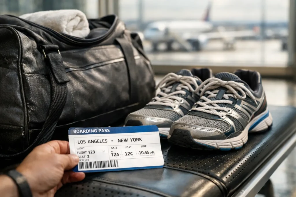 HYROX travel costs example with flight ticket and packed gym bag at airport terminal