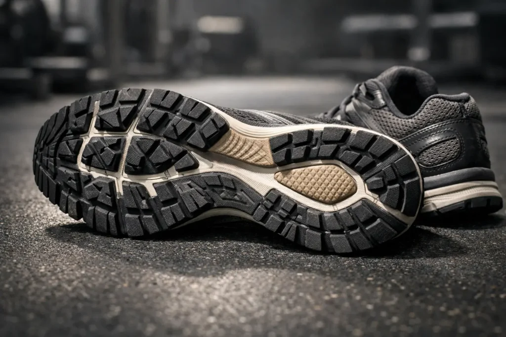 Hybrid running shoes used for HYROX competition on gym floor