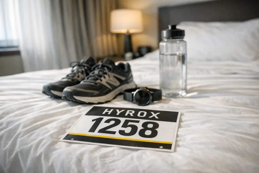 Hotel room setup before a HYROX race with gear prepared on the bed