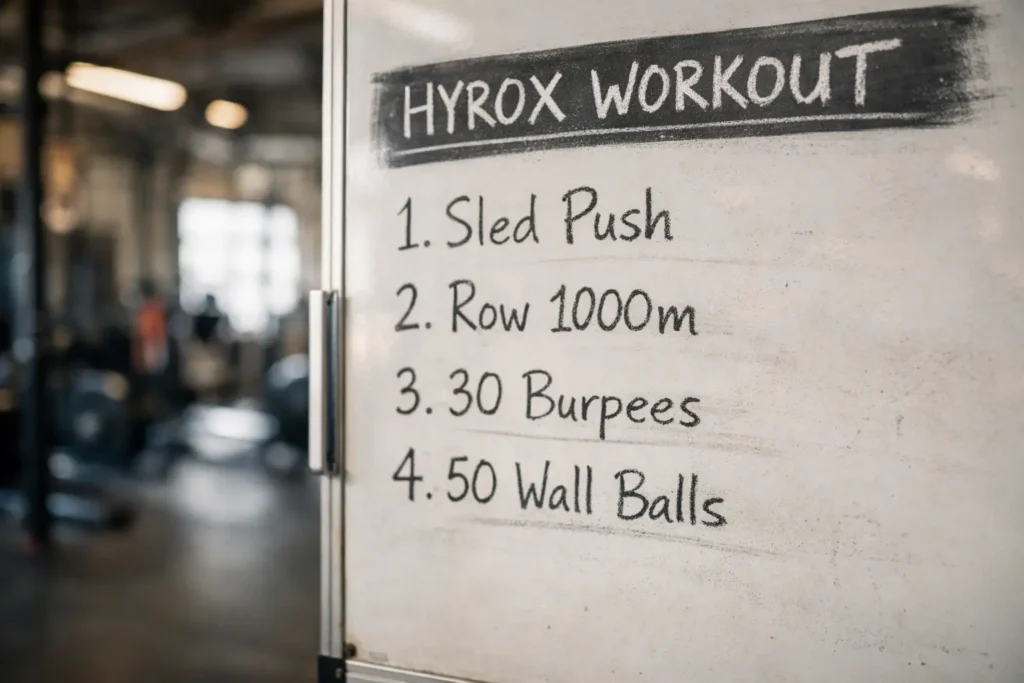 Structured HYROX training workout plan written on gym whiteboard