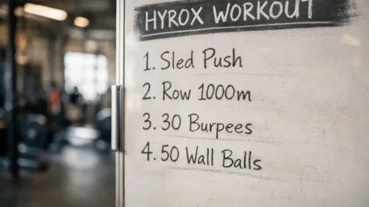 HYROX workout station board showing key exercises to train for a HYROX race