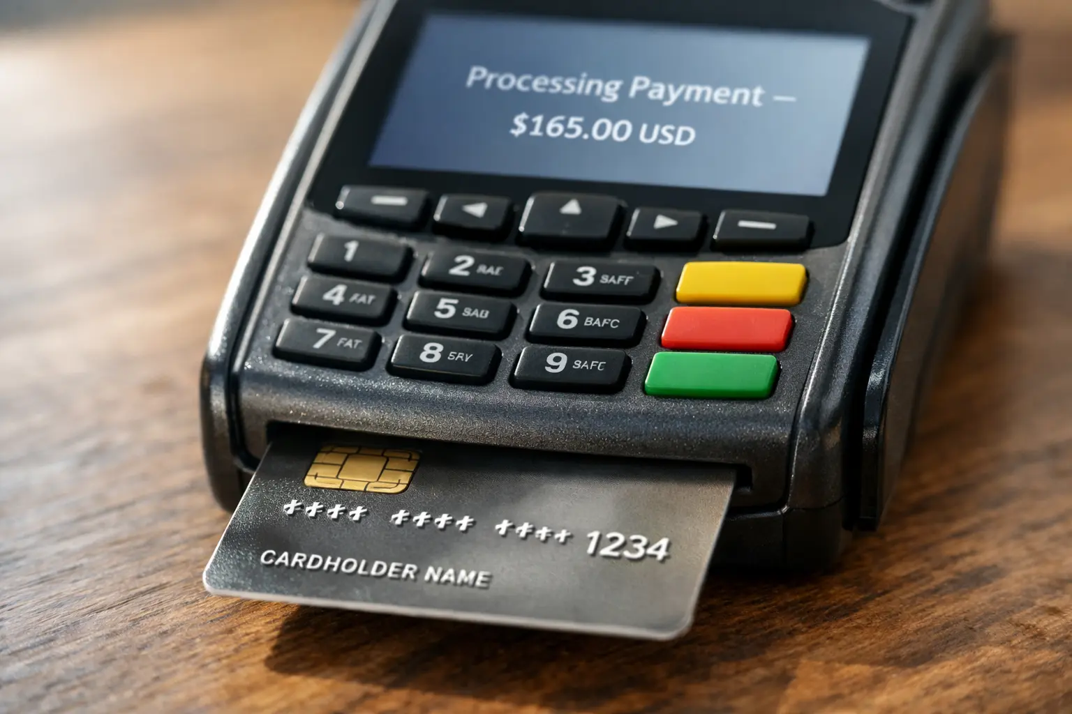 Credit card securely inserted into payment terminal showing $165 HYROX US registration payment
