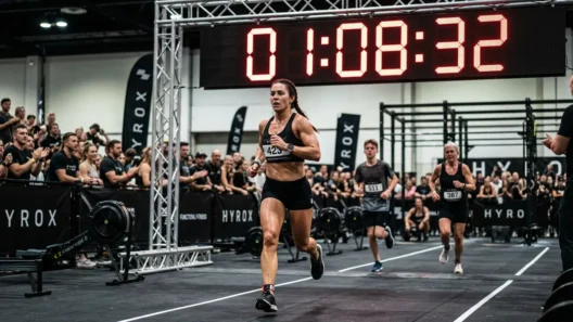 HYROX athletes running in indoor competition with digital race clock showing time, representing average race time by age group