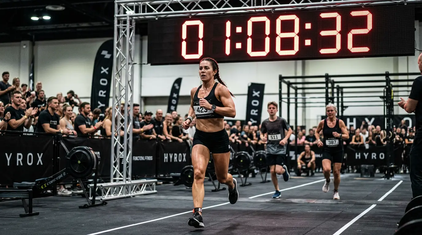 HYROX athletes running in indoor competition with digital race clock showing time, representing average race time by age group